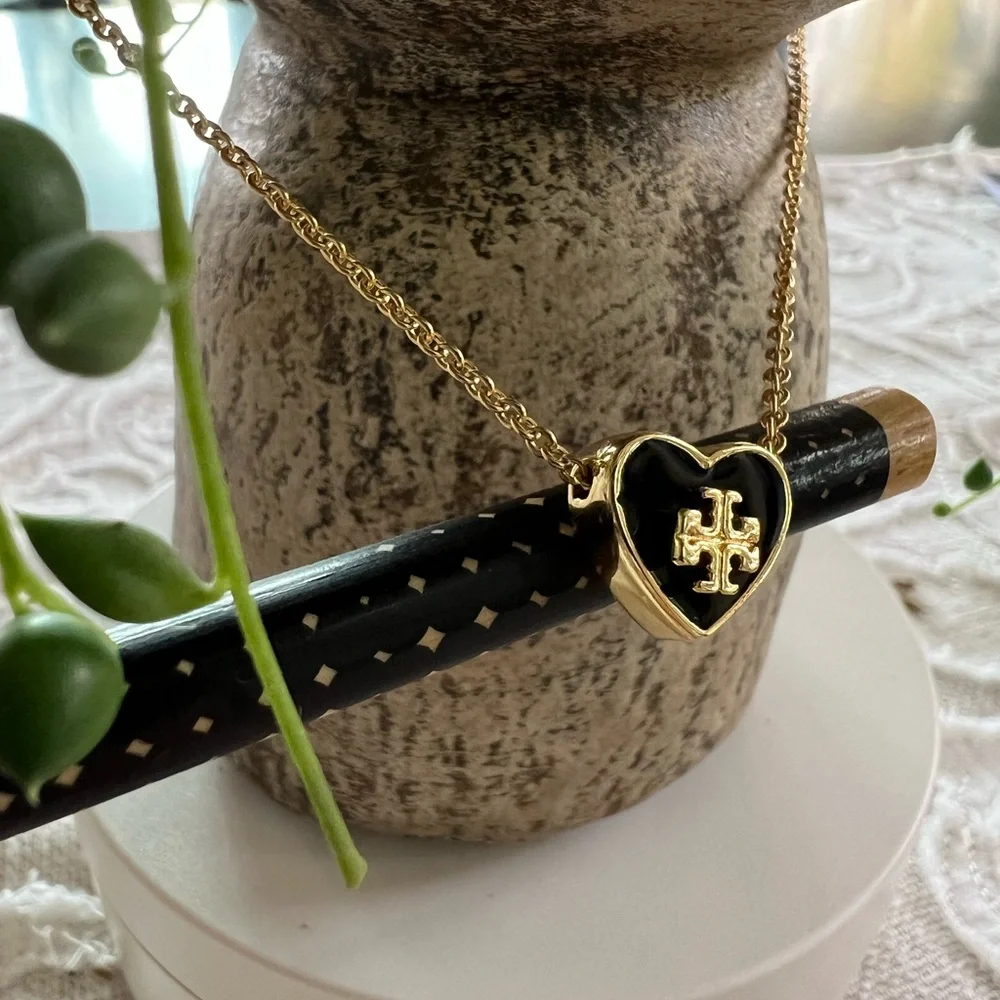 Tory Burch Necklace with Black Heart Logo Pendant
